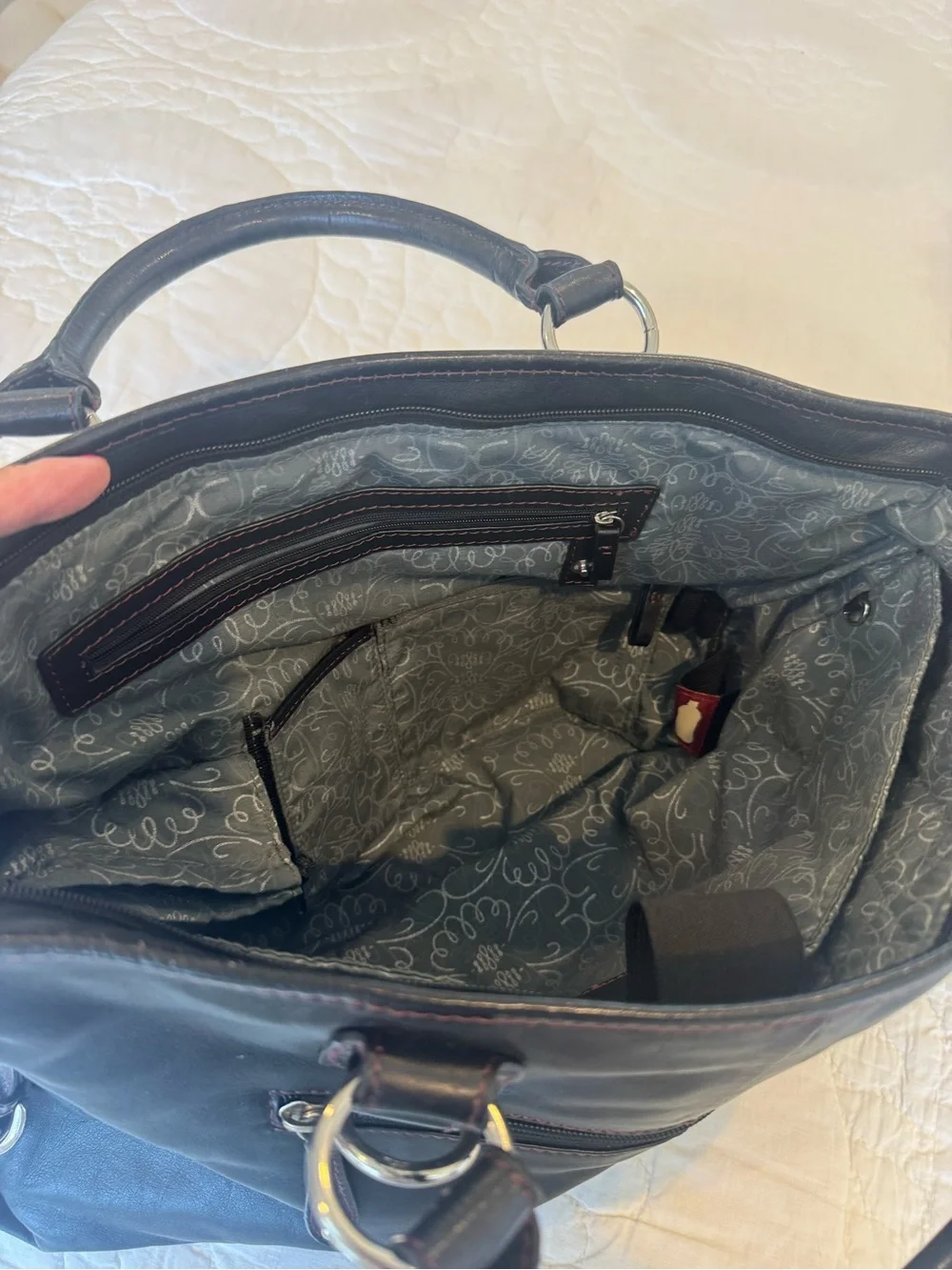 Franklin Covey Soft Black Leather Laptop Tote with Polished Silver Accents